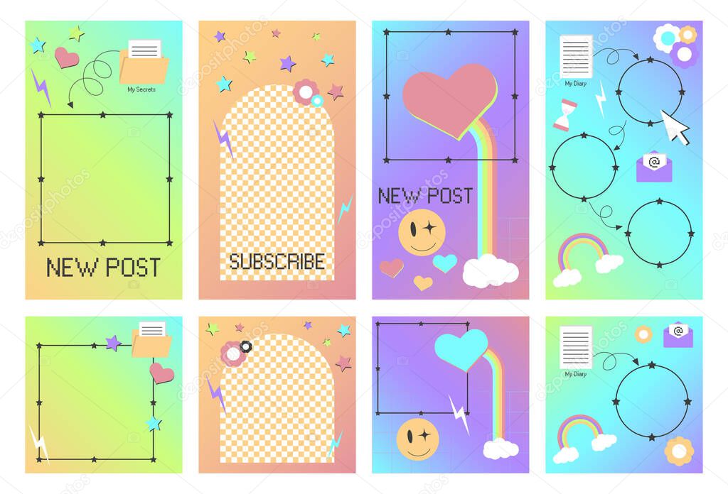 Social media ig template for y2k style stories and posts. Psychedelic pin idea with retro elements and frame.