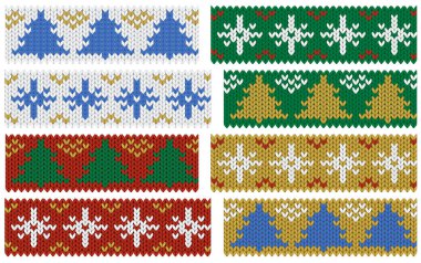 Set of seamless Christmas border for print and cardmaking. Red and gold pattern ornament for banner background. Scandinavian needlework design.