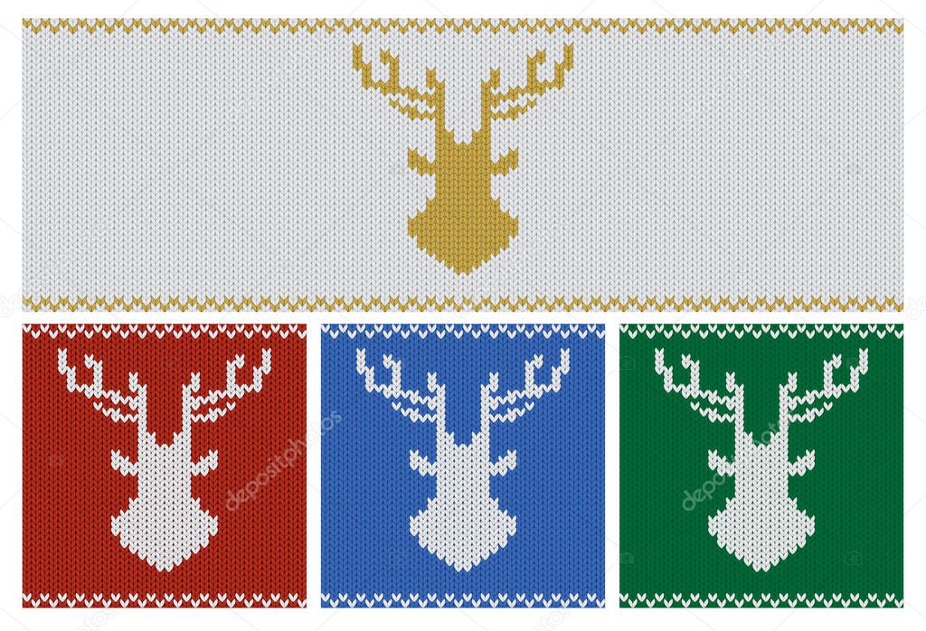Christmas banner with big reindeer. Horizontal vector poster for xmas or holiday greeting. Knitted winter design or wallpaper.