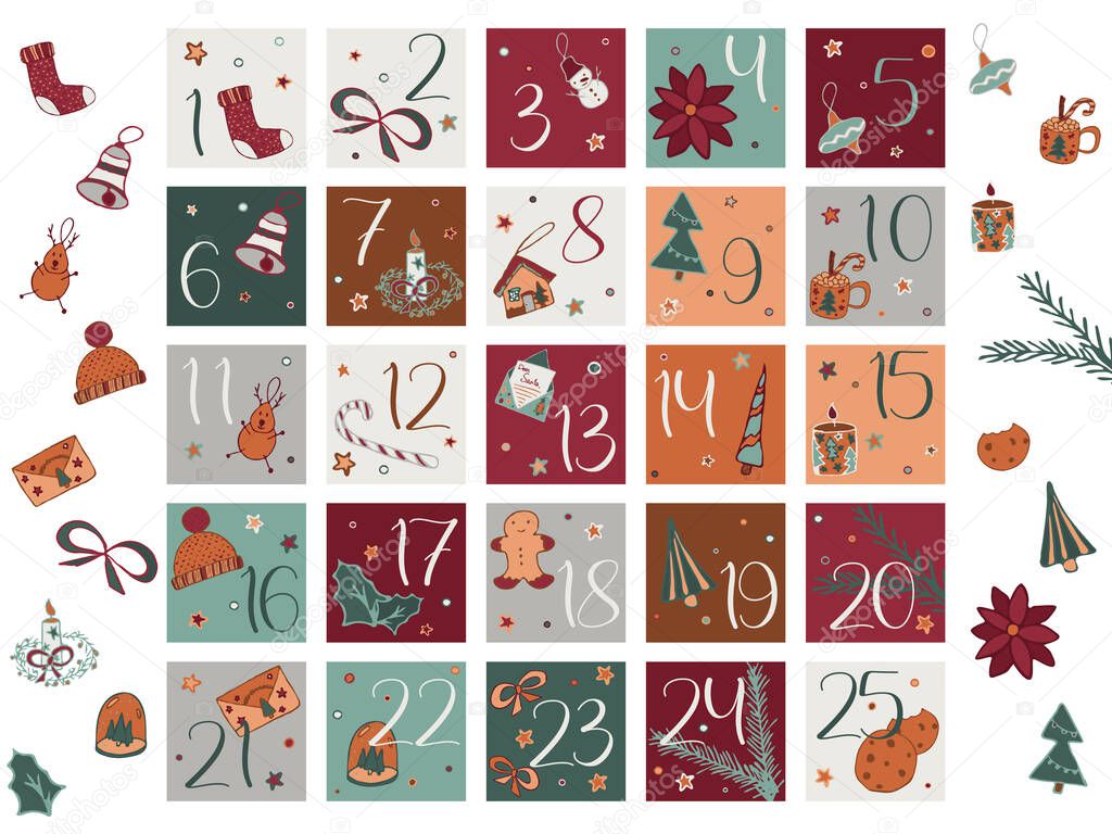 Merry Christmas sticker set with clipart and count down 1 to 25. Winter holiday gift labels ready to print. Vector graphic for sublimation or package decoration.