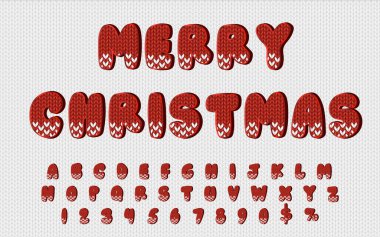 Merry Christmas font in red with letters and numbers. Winter abc for marketing presentation or advertising for holiday season from November to December.