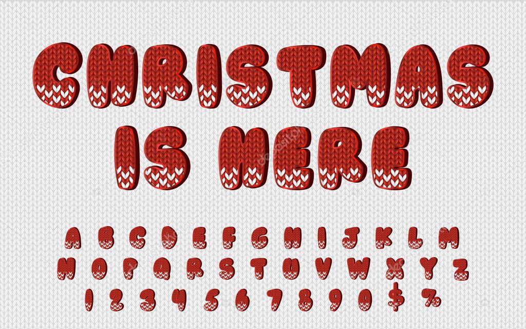 Christmas is here lettering with full English alphabet and symbols. Letters with knit texture and modern typeset. Abc for creative winter posters and banners.