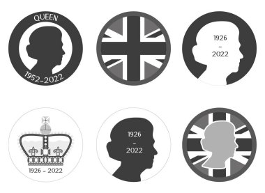 Stickers in circle with Queen profile and UK flag. British mournig date 1926 2022 for poster. Goodbye monarch.