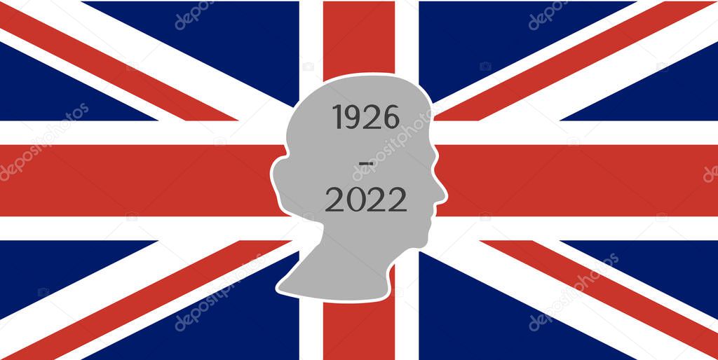 Queen side profile on United Kingdom flag. Date of death 1926 2022. Mourning day in UK.