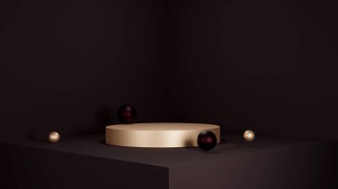 Zarif reklamlar için altın kürsülü çikolata balonu. Pankartta ürün sergisi için bir odanın köşesinde lüks bir kaide. Boş sahnesi olan pazarlama modeli.