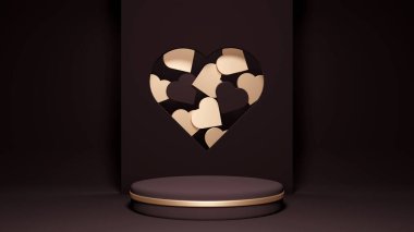 Altın kalpli kahverengi silindir podyum. Duvarlı bir ürün görüntüleme şablonu. Premium tasarımı ile reklam salonu.