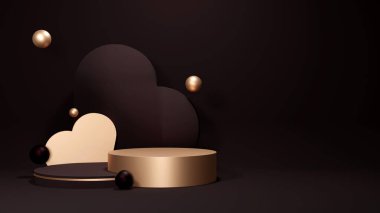 Çikolata podyumu sahnesi, altın sergi standı. Reklam şablonu ya da maketi için arka plan. İş amaçlı esmer kahve kaidesi.