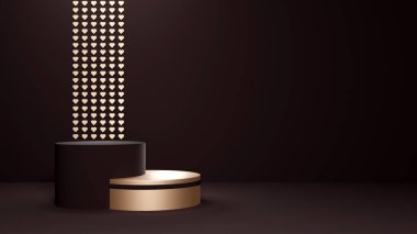 Altın kalplerle süslenmiş 3 boyutlu çikolata ürün sunumu sahnesi. Sevgililer Günü 'nde ödül ya da ürün reklamı için koyu renk şablon.