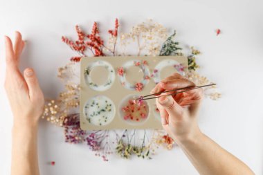 Koku kesesi için silikon küf, kurutulmuş çiçek, hindistan cevizi ya da organik soya ağdası. Flatlay. El yapımı diy sachet.