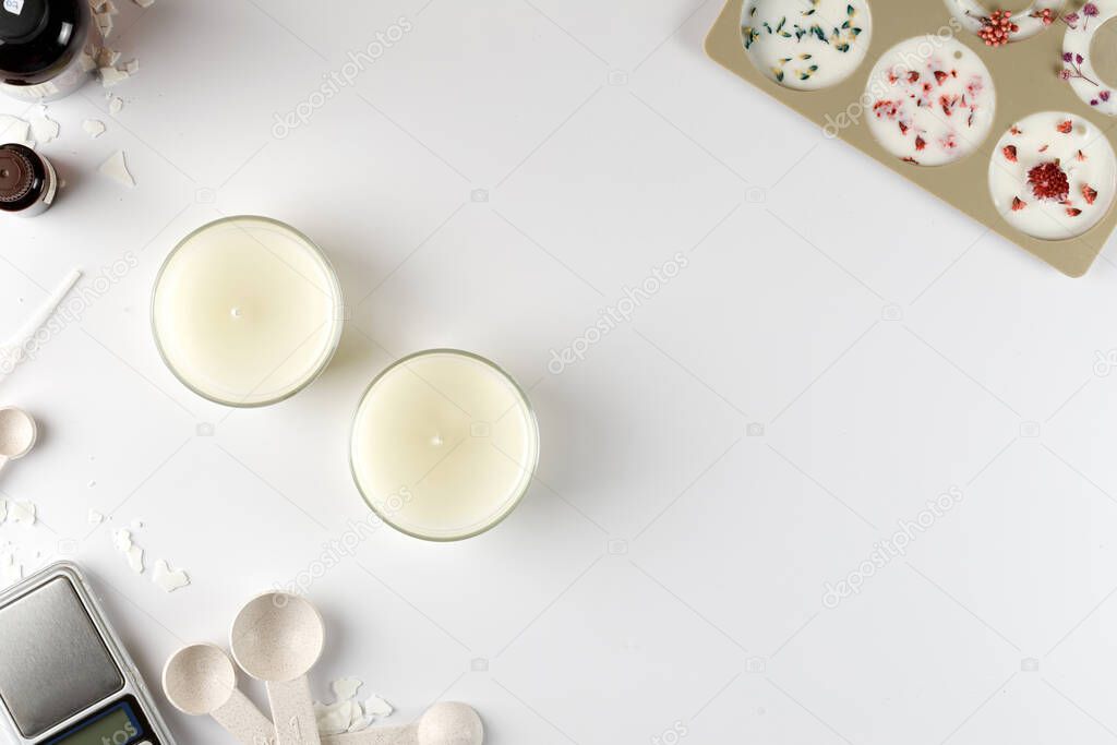 Banner with equipment, tools for candles making. Silicone mold, jars, wicks, coconut or organic soy wax. Flatlay. Copy space.