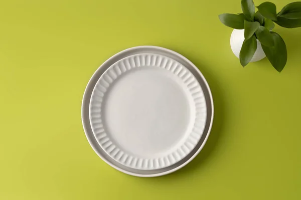 Tabak. Beyaz yuvarlak yemek tabağı, açık yeşil arka planda makara. Üst Manzara. Basit ve minimalizm. Vazoda yeşiller