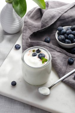 Beyaz Yunan yoğurdu ve mermer zemin üzerinde granola olan taze yaban mersinli lezzetli sağlıklı kahvaltı.