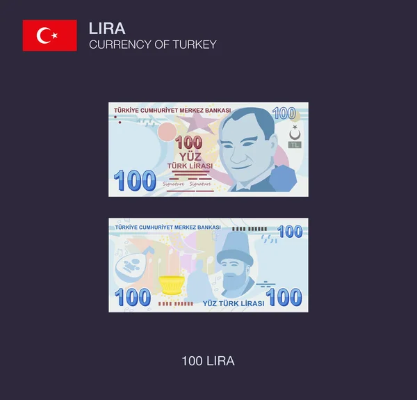 Valuta Della Turchia Illustrazione Vettoriale Piatta Cento Lire Turche — Vettoriale Stock