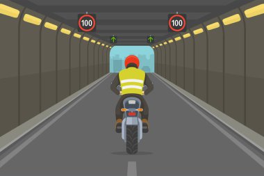 Motosiklet sürüyorum. Şehir otoyolu tüneli yolu. Motosiklet sürücüsünün arka görüntüsü. Düz vektör resimleme şablonu.