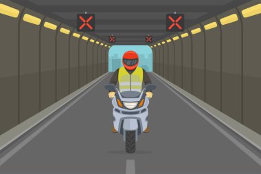 Motosiklet sürüyorum. Şehir otoyolu tüneli yolu. Motosiklet sürücüsünün ön görüntüsü. Düz vektör resimleme şablonu.
