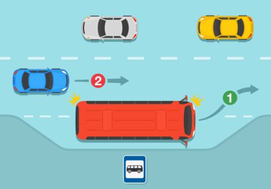 Güvenli sürüş ve trafik kuralları. Otobüslere, antrenörlere ve tramvaylara yol verin, özellikle de duraklardan uzaklaşmaları için sinyal veriyorlarsa. Düz vektör resimleme şablonu.