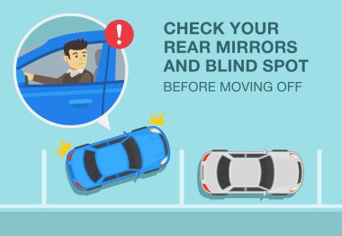 Güvenli araba kullanma kuralları. Mavi sedan araba hareket etmek üzere. Uyarı tasarımını kapatmadan önce dikiz aynalarınızı, kör noktanızı ya da alacakaranlık kuşağınızı kontrol edin. Düz vektör resimleme şablonu.