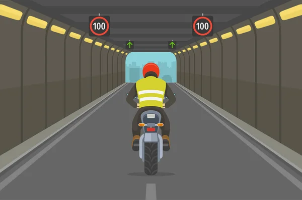Driving Motorcycle City Highway Tunnel Road Back View Motorcycle Rider — Stock Vector