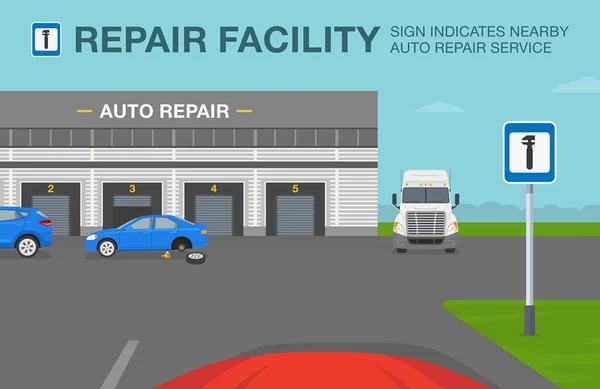 Reglas Conducción Coches Seguridad Coche Está Llegando Área Servicio Reparación — Vector de stock