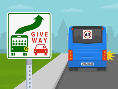 Güvenli sürüş ve trafik kuralları. Duraklardan çekilme sinyali verdiklerinde otobüslere yol ve öncelik verin. Avustralya tabelasına yakından bak. Düz vektör resimleme şablonu.