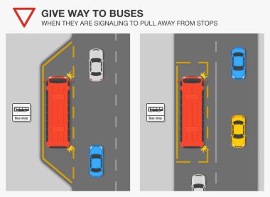 Güvenli sürüş ve trafik kuralları. Duraklardan çekilme sinyali verdiklerinde otobüslere yol ve öncelik verin. İngiliz otobüs duraklarının üst görüntüsü. Düz vektör resimleme şablonu.