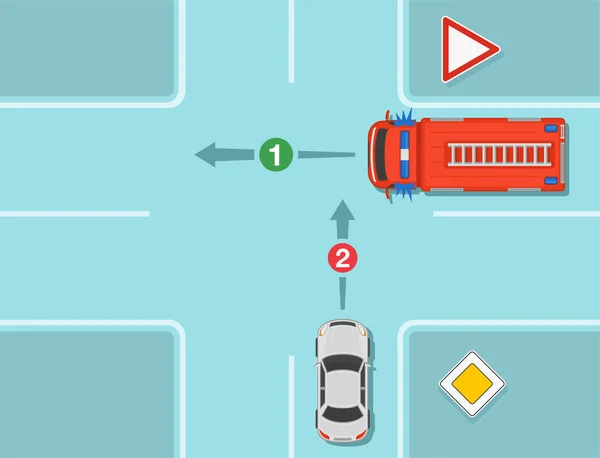 安全驾驶规则 让位于处于十字路口的有优先标志的紧急车辆 消防车先开 平面矢量图解模板 — 图库矢量图片