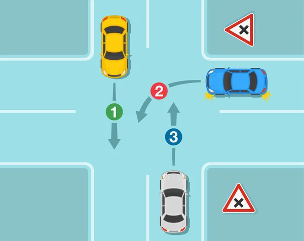 車を運転する 安全運転と交通規制のルール 右を優先して横断道路 交差点の道路の上のビュー 平面ベクトル図テンプレート — ストックベクタ
