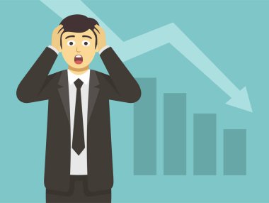 Finansal kriz. Borsa çöktükten sonra korkmuş ve şok olmuş bir işadamı ya da yönetici kafasını elleriyle tutuyor. İş diyagramı çöküyor. Düz vektör resimleme şablonu.