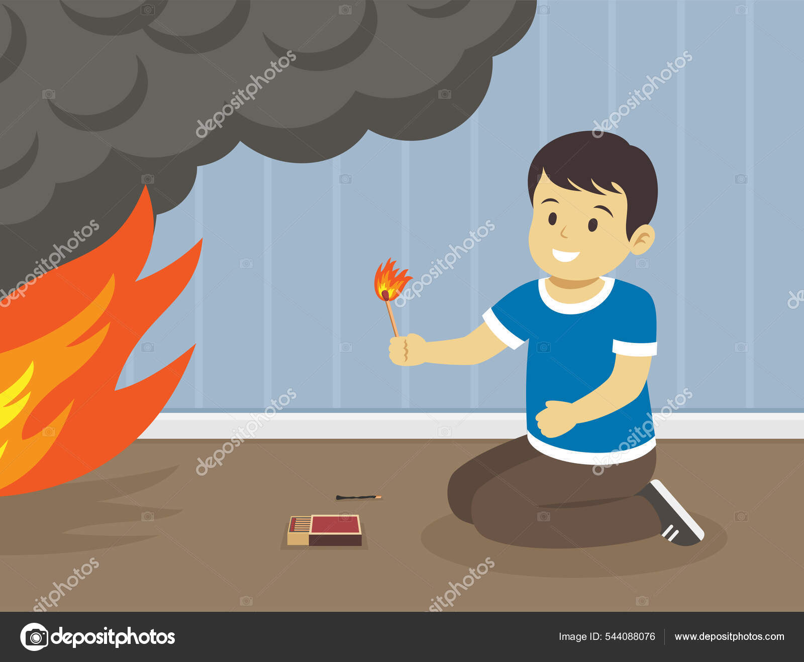 Male Kid Playing Matches Home Child Sets Fire Fire Safety Stock Vector