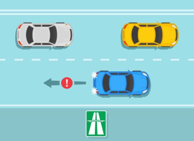 Çevre yolunda geri dönüş yoktur. Geri viteste araba kullanmak yasaktır. Otobanda, pistte, otoyolda trafik kuralları var. Düz vektör resimleme şablonu.