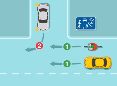 Güvenli sürüş ve trafik kuralları. Yaşayan cadde ve yerleşim alanından çıkarken tüm araç ve bisikletçilere yol verin. Üç bacaklı öncelikli kavşak. Düz vektör resimleme şablonu.