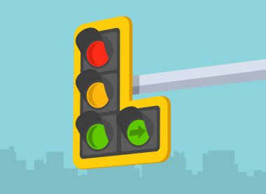 Trafik yönetmelikleri. Sağ yeşil oklu bir trafik sinyalinin yakın plan görüntüsü. Düz vektör resimleme şablonu.