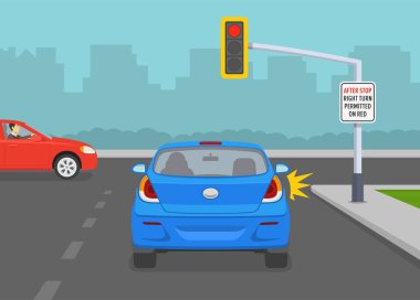 Güvenli araba kullanma ve trafik kuralları. Trafik ışıklarında kuralları uygulayın. Sağa döndükten sonra kırmızıya geçebilirsin. Düz vektör resimleme şablonu.