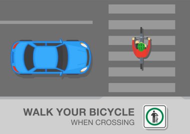 Güvenli bisiklet sürme ipuçları ve kurallar. Caddeyi geçmeden önce bisikletinden in. Şehir trafiği ya da yol kuralı. Zebra geçişindeki en iyi cuclist görüntüsü. Düz vektör resimleme şablonu.