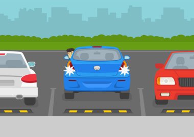 Genç erkek sürücü açık pencereden geriye bakıyor. Karakter geri geri park ederken ön camdan dışarı bakıyor. Lastik tekerli park yeri. Düz vektör resimleme şablonu.