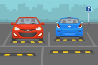 Lastik tekerlek tıkaçlı açık hava otoparkları. Park etmiş arabalar. Düz vektör resimleme şablonu.