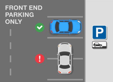 Açık hava park kuralları. Şehir otoparkındaki doğru ve yanlış park edilmiş arabaların üst görüntüsü. 