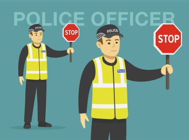 İzole edilmiş Avrupa trafik polisi elinde dur işareti tutuyor. Bakış açısı. Düz vektör resimleme şablonu.