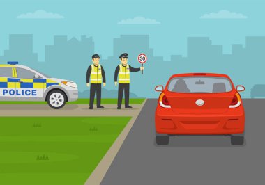 Trafik polisi kontrol noktası. Memur hız limiti işareti tutuyor. Şehir yolunda trafik akışı. Kırmızı bir sedan arabanın arka görüntüsü. Düz vektör resimleme şablonu.