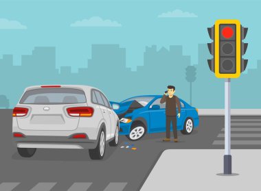 Güvenli sürüş arabası. Trafik ya da yol ayrımında bir trafik kazası. Şehir yolunda kaza yapan arabalar. Dehşete düşmüş ve şok olmuş genç erkek sürücü acil durum ve sigortayı arıyor. Düz vektör resimleme şablonu.