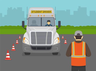 Kırmızı külahlı ağır araç deneme sürüşü. Kamyonda oturan öğrenci şoförü. Eğitmen puanlarını not tahtasına yazıyor. Düz vektör resimleme şablonu.