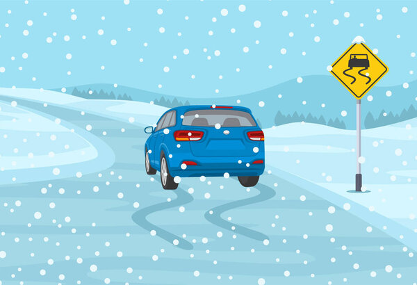Safety car driving at winter season. Blue suv car is reaching the icy road. Slippery, wet roadway warning sign. Flat vector illustration template.