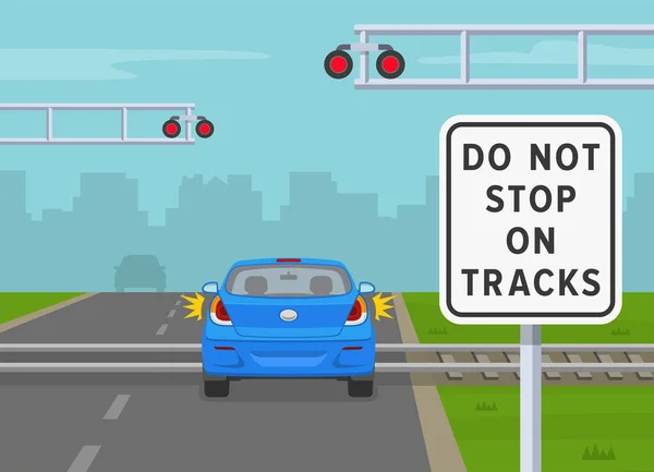 安全驾驶车辆的规则 汽车在轨道上停了下来 没有障碍物的平整过境点 切勿停留在轨道上 警告标志的近景 平面矢量图解模板 — 图库矢量图片