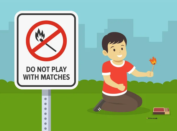 火災安全規則だ 男性の子供は試合で遊んでいる 警告表示が閉じられているマッチで再生しないでください 平面ベクトル図テンプレート — ストックベクタ