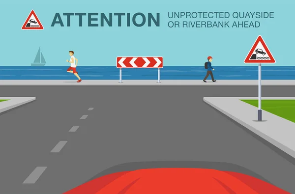 Körregler För Säkerhetsbilar Bilen Når Den Oskyddade Kajen Flodstrand Eller — Stock vektor