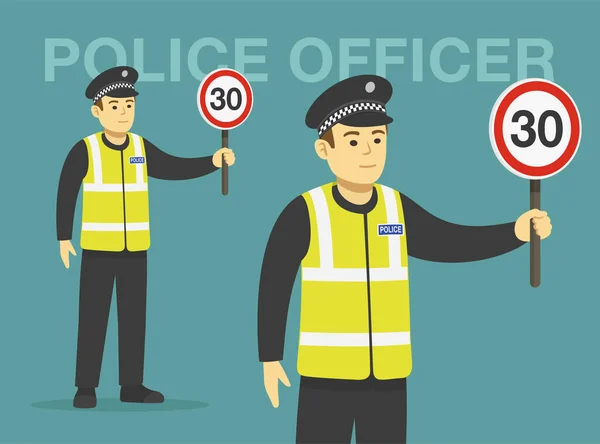 Officier Police Circulation Européen Isolé Tenant Panneau Limitation Vitesse Panneau — Image vectorielle