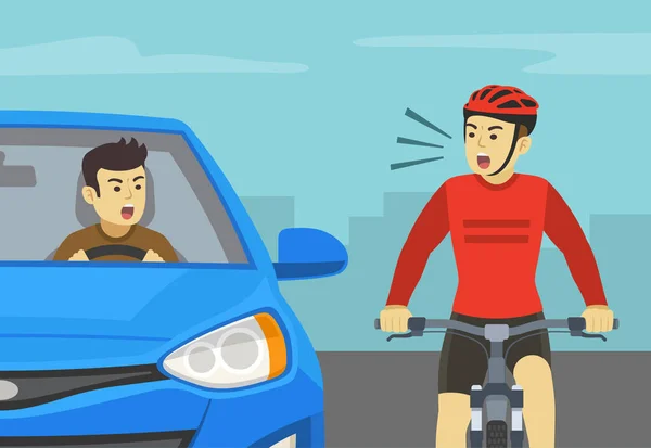 積極的で怒っている男性ドライバーはサイクリストに叫んでいます サイクリストとセダン車の運転手の間の道路の怒り 街の道路や高速道路のフロントビュー 平面ベクトル図テンプレート — ストックベクタ