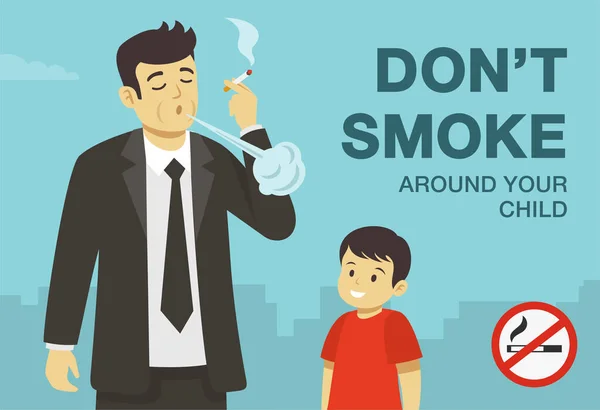 Joven Personaje Masculino Sosteniendo Cigarrillo Apagando Humo Junto Hijo Fume — Vector de stock