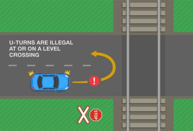 Güvenli araba kullanma kuralları. U-dönüşleri bir geçitte ya da bir seviyede yasaktır. Bariyerler olmadan seviye geçişi. Şehir yolunun en üst manzarası. Düz vektör resimleme şablonu.