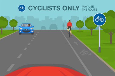 Araba sürüyorum. Yol sadece pedal bisikletleri tarafından kullanılacak. Mavi trafik işareti demek. Bisiklet sürücüsünün arka manzarası. Düz vektör resimleme şablonu.